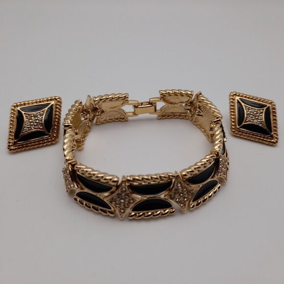 Vintage Park Lane Bracelet Post Earrings Set, Black Enamel Rhinestones - Picture 10 of 11